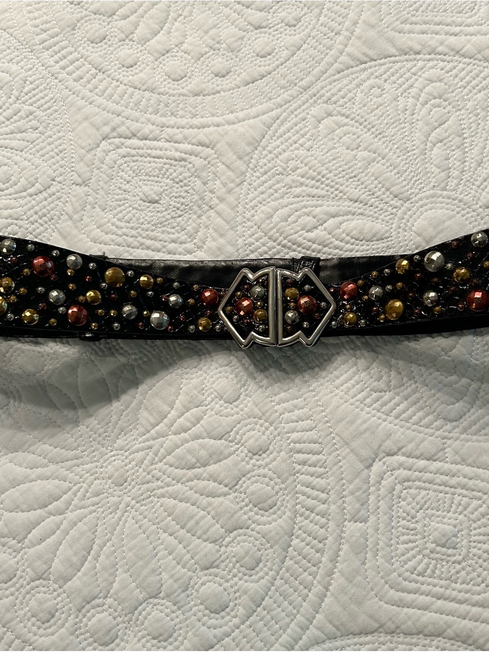 Judith Leiber Adjustable Black Leather Belt with Multicolored Stud Accents